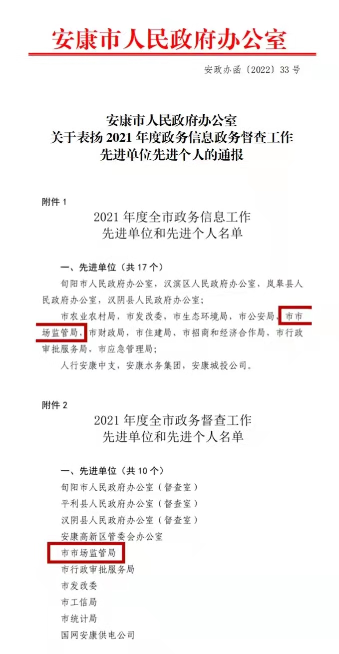 <b>安康市市场监督管理局荣获2021年度政务信息、政务督查工作双先进</b>