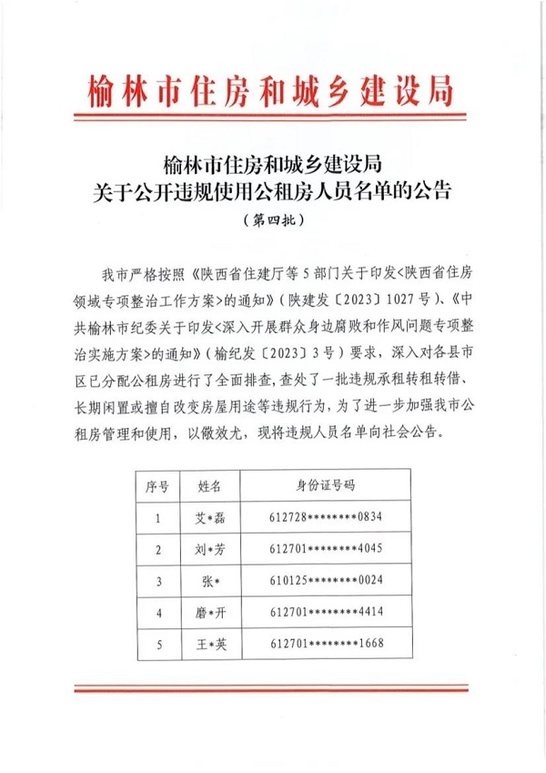 <b>累计公开违规使用公租房人员达165人！榆林公布第四批违规人员名单</b>
