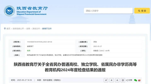 陕西通报2024年度民办高校年检结果，21所民办高校和8所独立学院获评“合格