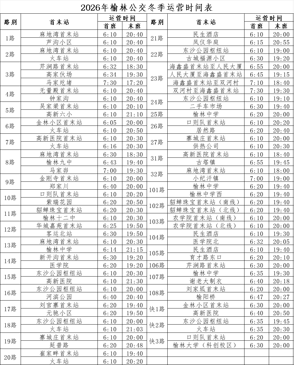 <b>10月17日起，榆林公交将启用冬季运营时间  </b>