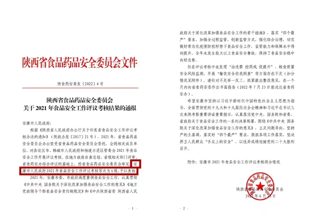 <b>守护群众“舌尖上的安全” 安康市荣膺全省食品安全工作考核A级等次</b>