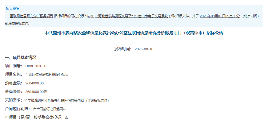 <b>滦州市委网信办互联网信息研究分析服务项目鼎佑（河北）258.7 万元中标</b>